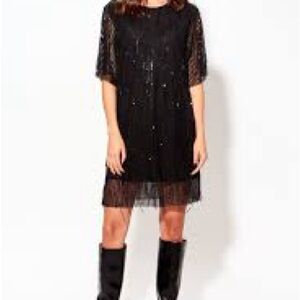 Oak + Fort Shimmery Lined Sheer Elegant Black Dress